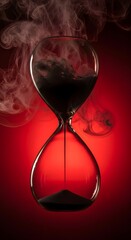 A close-up of an hourglass with dark liquid flowing through it, surrounded by swirling smoke against a red background, symbolizing the passage of time and urgency