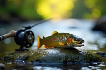 Trout Fishing Rod and Reel Setup A modern trout fishing rod and reel are placed elegantly on smooth, moss covered river rocks next to a clear, gently flowing stream. Soft, diffused sunlight. No people