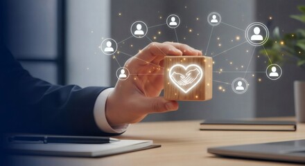Business trust network concept with hand presenting heart icon block