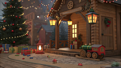 Cozy Santa's Toy Workshop Exterior with Log Cabin, Christmas Tree, and Wooden Toys