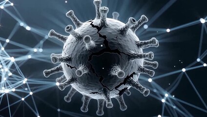 A detailed 3D rendering of a cracked virus particle, resembling a coronavirus, against a dark background with glowing network connections. - Powered by Adobe