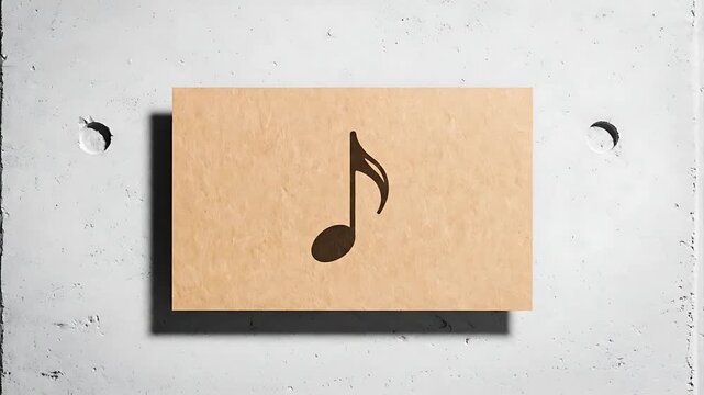 Brown musical note icon on rustic craft paper rectangle affixed to a gray concrete wall background showcasing artistic musical expression and minimalist design