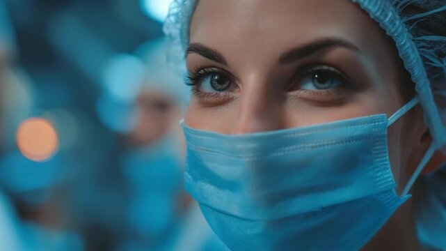 Surgical Team Focus: A close-up view of a surgeon's determined gaze as she operates in the operating room. The image captures the dedication and expertise required in the medical field.