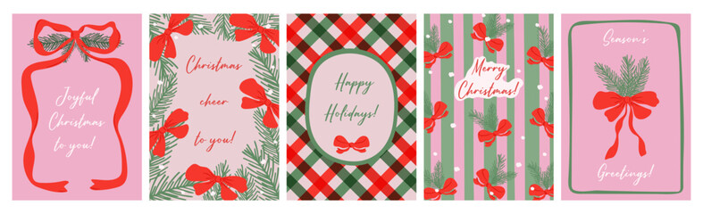 A set of hand-drawn vertical Christmas and holiday cards with red bows, fir branches, and festive patterns for seasonal greetings.