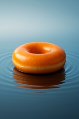 Bright orange caramel donut floating on mirror-like water with soft ripples, smooth lighting, blue gradient backdrop, and a calm surreal mood.
