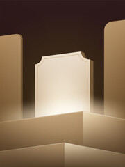 Elegant brown podium background with glowing center panel and geometric shapes for luxury product display or promotion