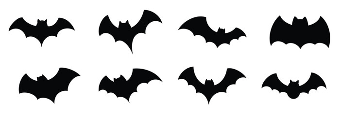 Halloween bat icon set. Bat silhouettes flying on white background.