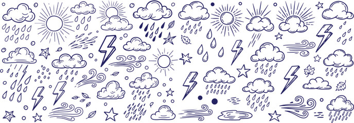 Fototapeta premium Vector art of hand drawn weather icons with sun, clouds, rain, lightning, and wind