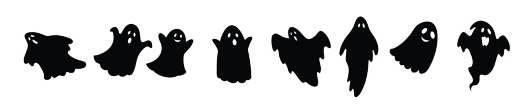 Halloween ghosts hand drawn cartoon set. Ghosts silhouettes flying on white background.