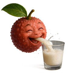 Surrealistic illustration: An anthropomorphic lychee pouring lychee juice from its mouth into a glass	