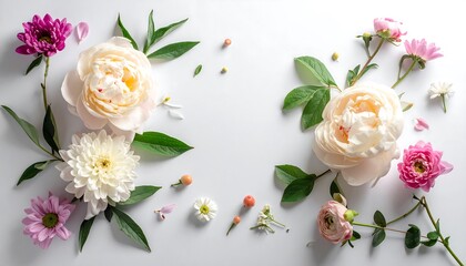 Elegant Floral Arrangement with Peonies and Daisies on White Background.