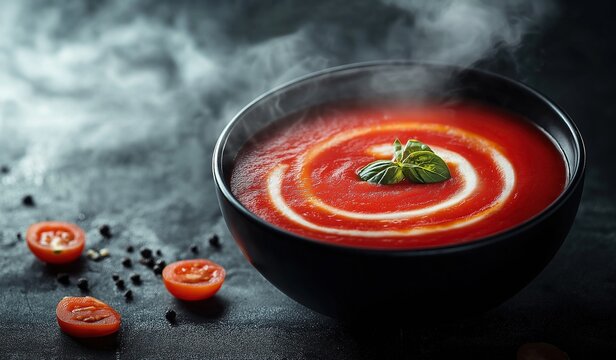A surreal tomato soup in a black bowl with swirls of smoke and cream against a dark background for artistic food photography concepts. - Powered by Adobe