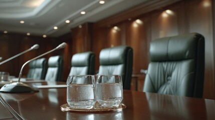Formal meeting room setup features plush seating, reflective tabletop, and microphones ready for discussion