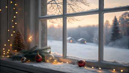 Cozy Christmas Frosted Window View of Snowy Winter Sunset Landscape