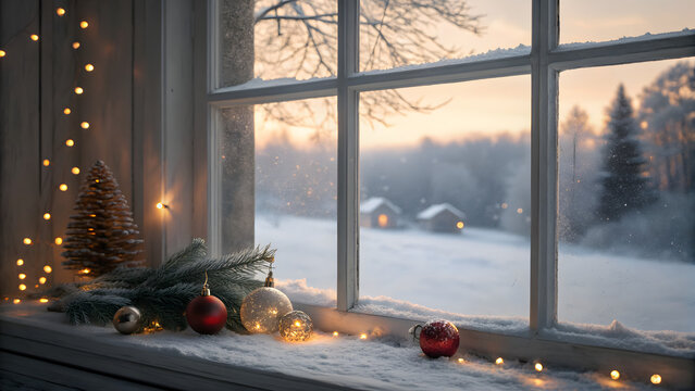Fototapeta Cozy Christmas Frosted Window View of Snowy Winter Sunset Landscape