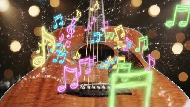 national doodle day acoustic guitar with floating neon music notes