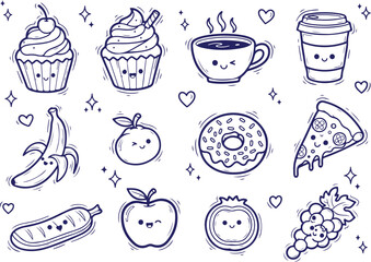 Vector art of cute kawaii food doodles isolated on