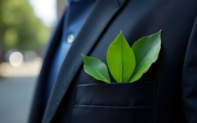 Sustainable business concept. A vibrant green leaf in a suit pocket. High quality