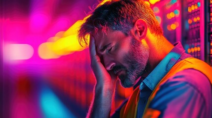 A technician in a data center appears stressed while troubleshooting server racks, indicating the challenges faced during technical problem-solving.