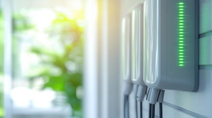 Electric vehicle charging station providing power supply to a hybrid car in a modern urban setting amidst lush greenery