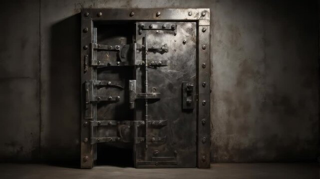 Animated sequence of an opening and closing ornate iron door inside a stark room