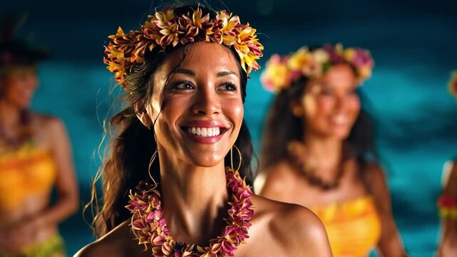 Harmony of Hula: A vibrant portrait of a radiant young woman, adorned with traditional floral lei and crown, capturing a moment of pure bliss and cultural celebration. 