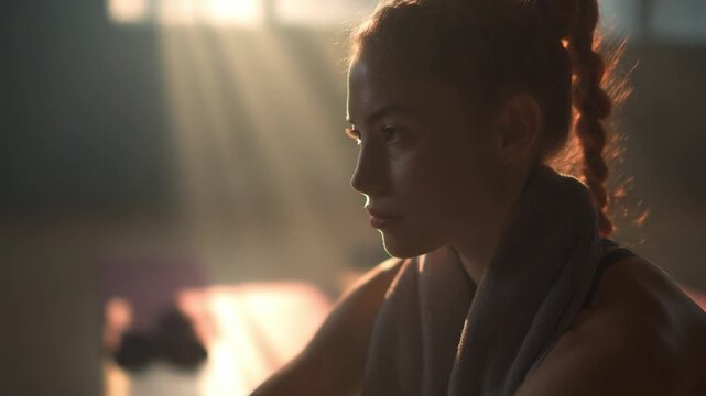 Sunlit Contemplation: A woman, bathed in the soft glow of sunbeams, pauses during her workout. The scene exudes an air of focus, inner strength, and dedication. 