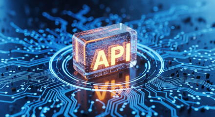 API Cube Illuminated on a Circuit Board Representing Application Programming Interface Technology and Data Transfer in a High Tech Environment for Software Development