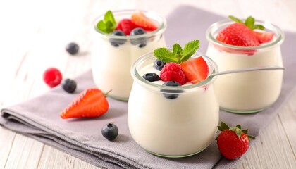 Delicious Yogurt Parfaits with Fresh Berries and Mint.