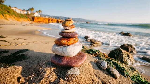 Balanced cairn on a sunlit beach beside waves, calming minimalism for mindfulness apps, meditation content, spa branding, and wellness retreats seeking peaceful imagery about balance and clarity.