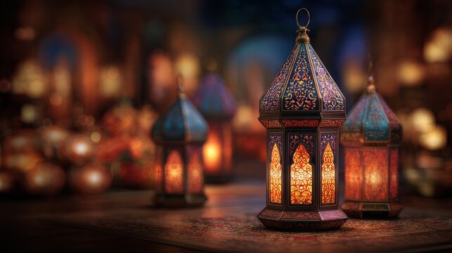 Ramadan kareem festive greeting featuring a beautifully illuminated arabic lantern on a decorative table with soft glowing lights, creating a warm and spiritual islamic holiday atmosphere