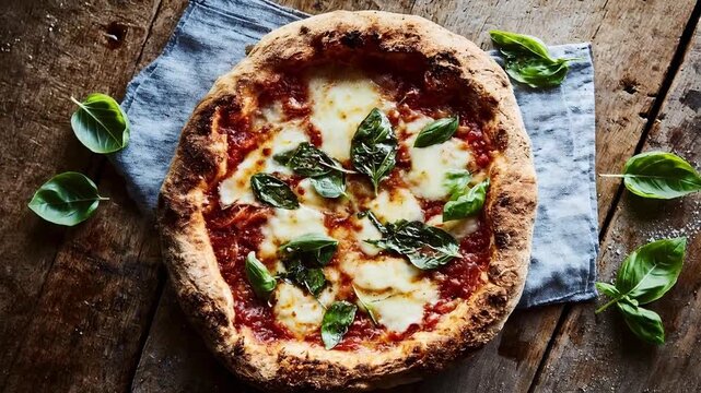 Neapolitan pizza on rustic board with melted mozzarella, charred crust, and fresh basil—mouth‑watering hero for restaurant menus, delivery apps, and foodie social posts hungry for authenticity.