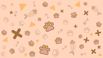Vibrant background abstract of cat paw prints scattered over an abstract cream background. Energetic and fun pattern background perfect for pet product branding, cat care ads, or creative project