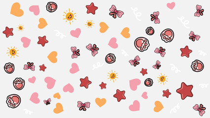 wavy background with paw prints, ribbons, stars, hearts, and sunshine icons. Energetic and playful seamless pattern suitable for pet shop promotions or childrens product