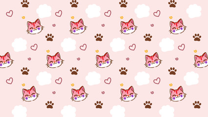 Minimal pastel pink background with cute cat faces, paw prints, and heart icons. Soft pattern perfect for pet related branding, cat care ads, or minimalist background design.
