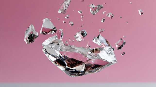 A diamond is shattered into pieces, creating a beautiful and chaotic scene. The broken diamond is suspended in the air, surrounded by shards of glass. Concept of fragility and impermanence