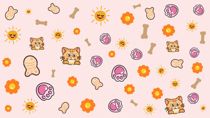 Playful line art cats and flowers with pink pastel shining background. Minimal and warm pattern ideal for cat brand promotions or cute pet shop visual identities.