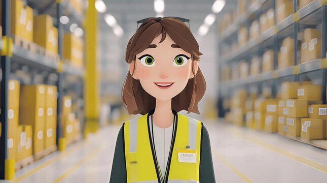 3D Animation Female Warehouse Worker Walking at Logistic Process in Storage Factory Full of Cardboard Boxes