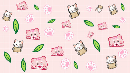 Cute cat pattern with pink pastel background featuring playful kitten poses, green leaves, and paw. Adorable pattern background for pet shop, cat care products, or children
Category 1

