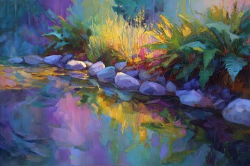 Abstract Artistic Landscape Scene With Water Rocks And Lush Vegetation Reflecting Light