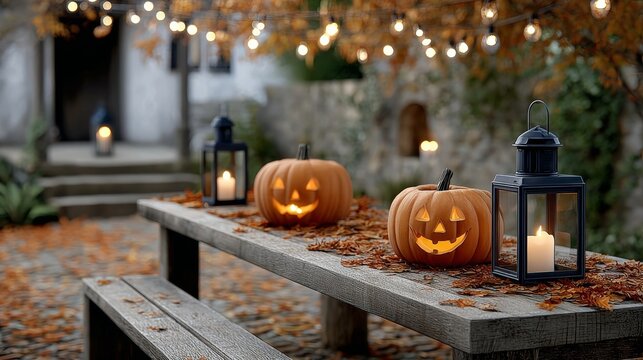 A table with three pumpkins and lanterns on it. The pumpkins are orange and have faces on them. The lanterns are black and have a glow to them. The scene is set outside and has a spooky - Powered by Adobe