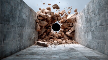 A large hole in a wall with rubble around it. The hole is surrounded by a large pile of rocks