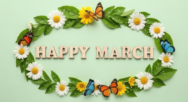 Happy march text surrounded by flowers and butterflies on a light green background