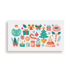 Happy winter season collection with new year elements. Flat style symbols design with holiday sweets gifts tree candles and various festive objects