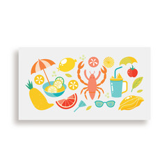 Summer banner with elements and icons: fruits, seafood, drinks, and beach accessories on a light background. seasonal vector illustration