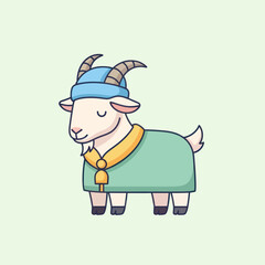 Cute Cartoon Goat Wearing Blue Hat and Green Coat with Bell.