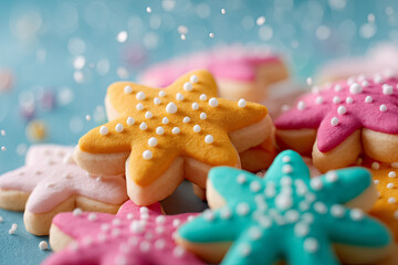 Colorful star-shaped Christmas cookies with icing and sprinkles on a festive background