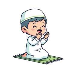 Cute Muslim Boy Praying on a Prayer Mat.