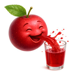 Surrealistic illustration: An anthropomorphic cranberry pouring cranberry juice from its mouth into a glass	