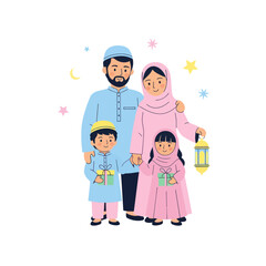 Happy Muslim Family Celebrating Eid al-Fitr with Gifts and Lantern.